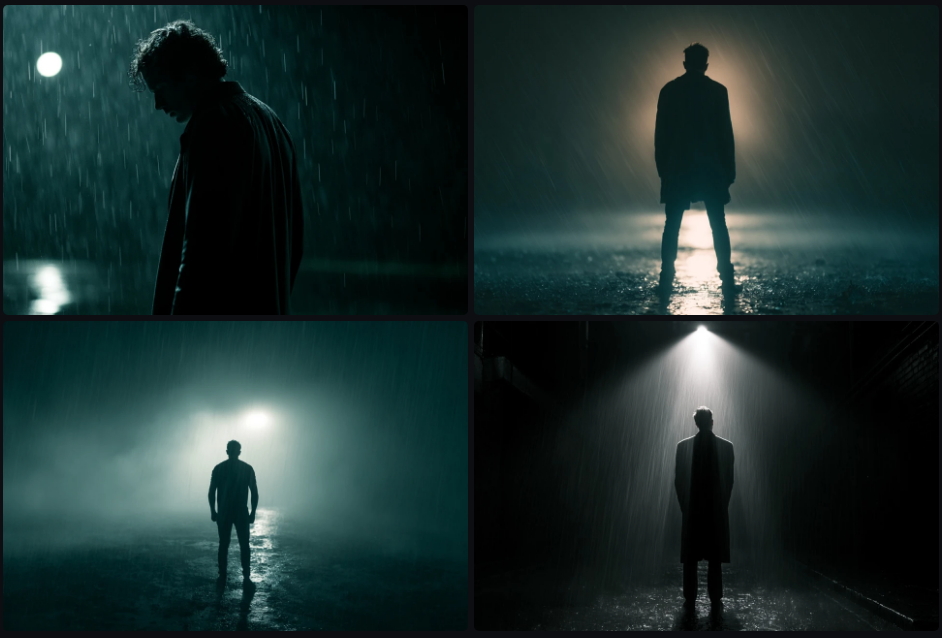 Vague prompt result — generic silhouettes of a man in rain