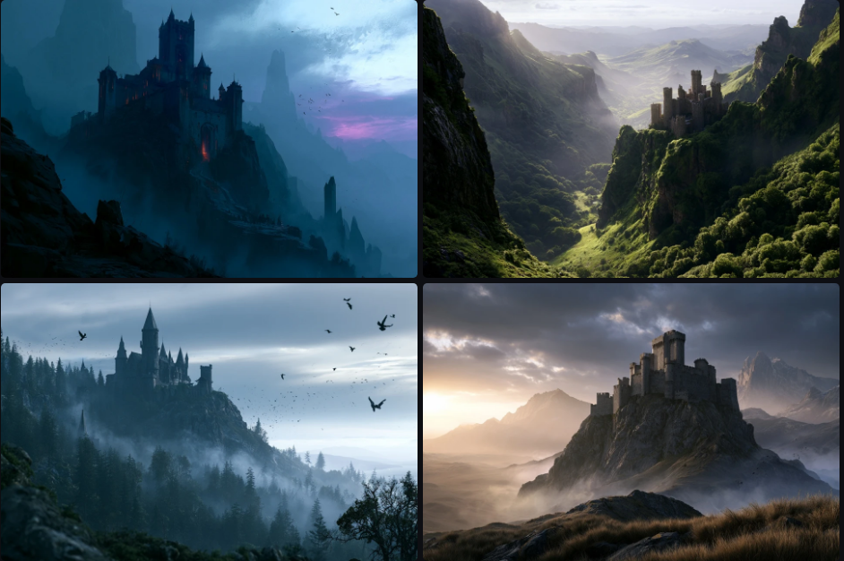 Vague prompt result — generic castles on mountains