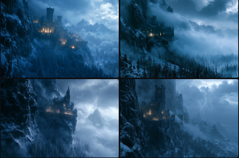 Detailed prompt result — gothic castle on a snowy mountain in a storm