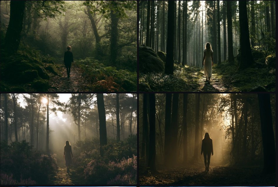Vague prompt result — generic woman walking through a forest