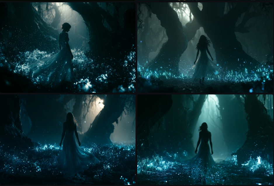Detailed prompt result — woman in white dress in bioluminescent forest