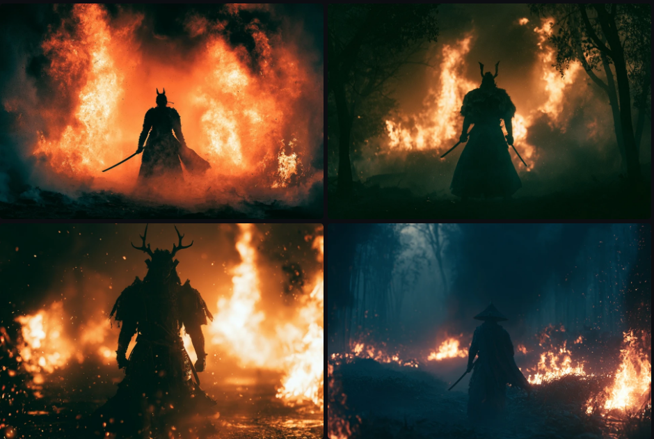 Vague prompt result — generic samurai silhouettes in flames