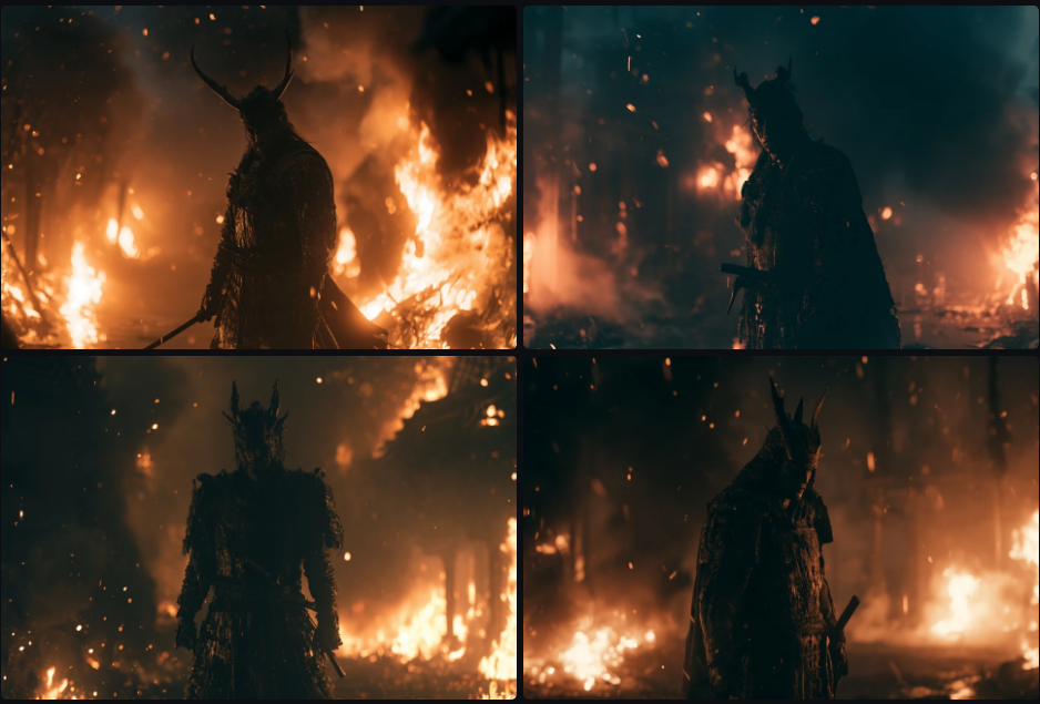 Cinematic AI still — samurai in burning village